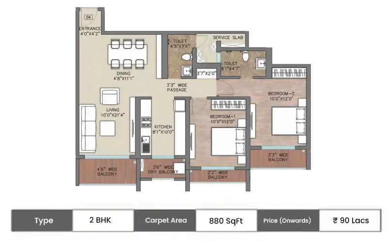 Regency Luxuria 2 BHK floor plan, 880 sq ft carpet area