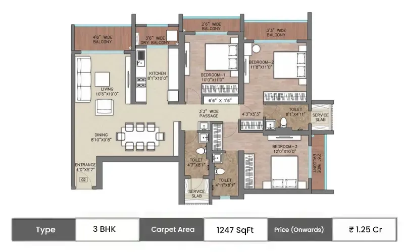 Regency Luxuria 3 BHK floor plan, 1247 sq ft carpet area
